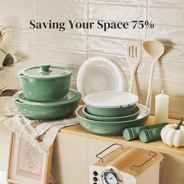 Alt view image 5 of 7 - Redchef 16pcs Ceramic Pots and Pans Set Non Stick, Nonstick Ceramic Cookware Set with Detachable Handle, Non Toxic, PFAS PFOA & PTFE Free RV Cookware for Camping, Dishwasher/Oven Safe (Green)
