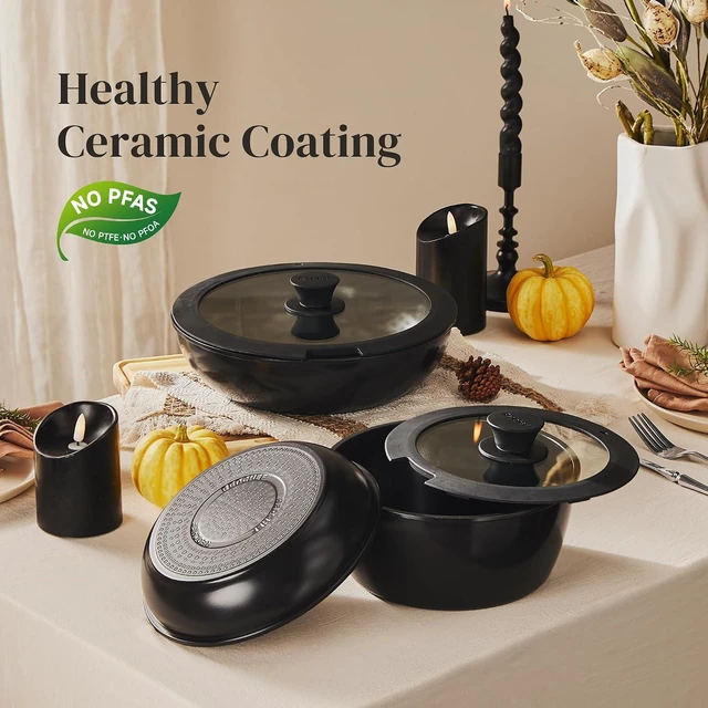 Alt view image 2 of 7 - Redchef 16pcs Ceramic Pots and Pans Set Non Stick, Nonstick Kitchen Cookware Set with Detachable Handle, Non Toxic, PFAS PFOA & PTFE Free, RV Cookware Set for Camping, Dishwasher/Oven Safe (Black)