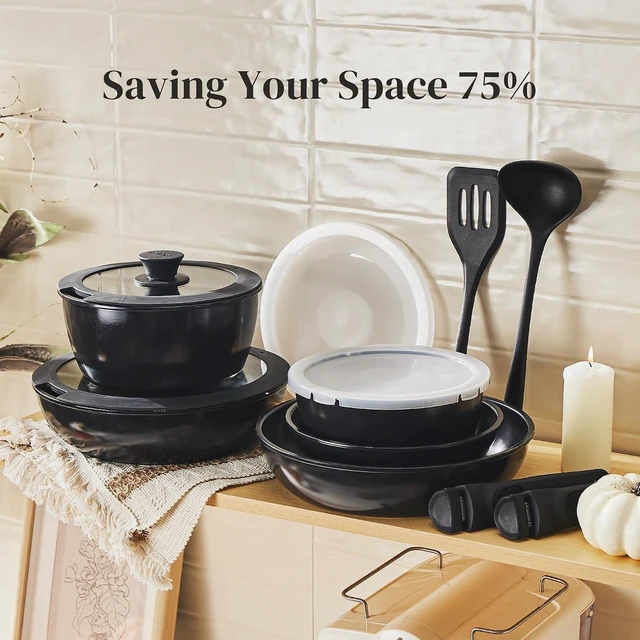 Alt view image 5 of 7 - Redchef 16pcs Ceramic Pots and Pans Set Non Stick, Nonstick Kitchen Cookware Set with Detachable Handle, Non Toxic, PFAS PFOA & PTFE Free, RV Cookware Set for Camping, Dishwasher/Oven Safe (Black)