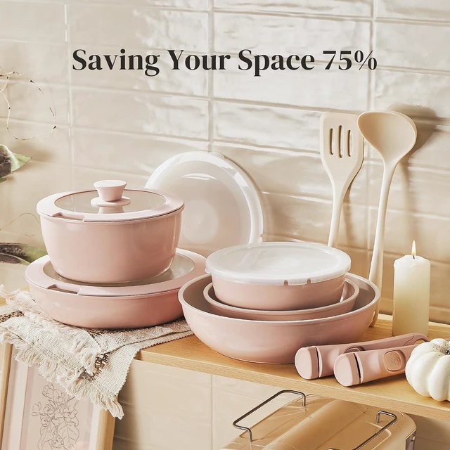 Alt view image 5 of 7 - Redchef 16pcs Ceramic Pots and Pans Set Non Stick, Nonstick Kitchen Cookware Set with Detachable Handle, Non Toxic, PFAS PFOA & PTFE Free, RV Cookware Set for Camping, Dishwasher/Oven Safe (Pink)