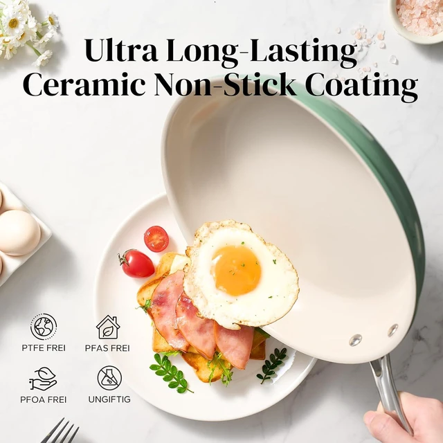 Alt view image 4 of 7 - Redchef Nonstick Frying Pan Skillet, Ceramic Non-Stick Saute Pans, 9.5 inch Cooking Fry Pan with Stay Cool Handle, All Stovetops, Dishwasher/Oven Safe, PFAS-Free, Non Toxic (Green)