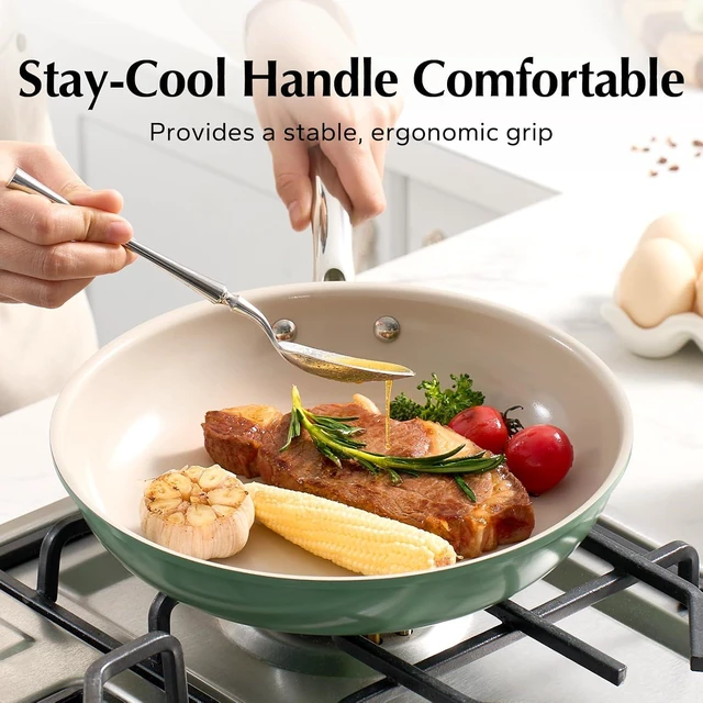 Alt view image 7 of 7 - Redchef Nonstick Frying Pan Skillet, Ceramic Non-Stick Saute Pans, 9.5 inch Cooking Fry Pan with Stay Cool Handle, All Stovetops, Dishwasher/Oven Safe, PFAS-Free, Non Toxic (Green)