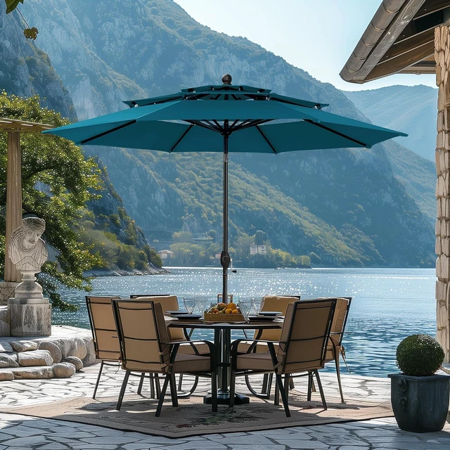Alt view image 7 of 7 - HERA'S PALACE 10 FT Patio Umbrella 3 Tiers Outdoor Large Umbrella with Ventilation Tilt Adjustment Patio Table Umbrella for Pool Garden, Cerulean