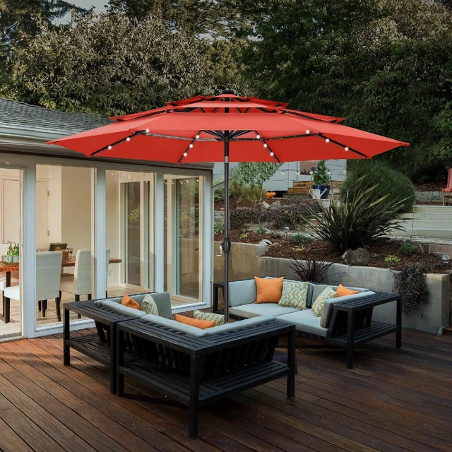Alt view image 2 of 7 - HERA'S PALACE 10ft 3-Tier Solar Patio Umbrella with Ventilation, Outdoor Patio Table Umbrella for Backyard, Garden, Poolside with 24 LED Lights, Tilt Adjustment, Easy Crank, 8 Ribs - Red