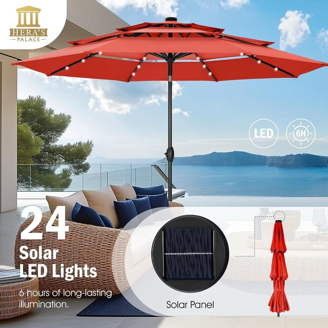 Alt view image 3 of 7 - HERA'S PALACE 10ft 3-Tier Solar Patio Umbrella with Ventilation, Outdoor Patio Table Umbrella for Backyard, Garden, Poolside with 24 LED Lights, Tilt Adjustment, Easy Crank, 8 Ribs - Red