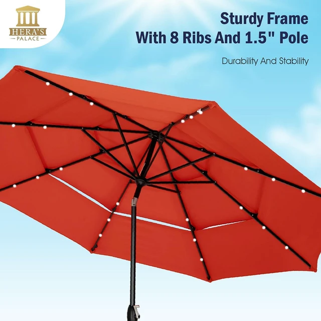 Alt view image 4 of 7 - HERA'S PALACE 10ft 3-Tier Solar Patio Umbrella with Ventilation, Outdoor Patio Table Umbrella for Backyard, Garden, Poolside with 24 LED Lights, Tilt Adjustment, Easy Crank, 8 Ribs - Red