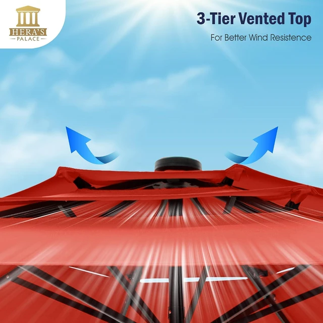 Alt view image 5 of 7 - HERA'S PALACE 10ft 3-Tier Solar Patio Umbrella with Ventilation, Outdoor Patio Table Umbrella for Backyard, Garden, Poolside with 24 LED Lights, Tilt Adjustment, Easy Crank, 8 Ribs - Red