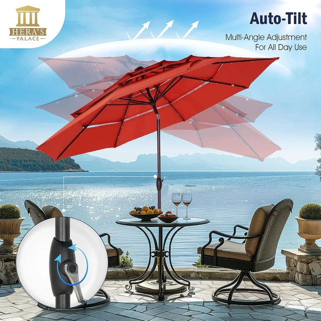 Alt view image 6 of 7 - HERA'S PALACE 10ft 3-Tier Solar Patio Umbrella with Ventilation, Outdoor Patio Table Umbrella for Backyard, Garden, Poolside with 24 LED Lights, Tilt Adjustment, Easy Crank, 8 Ribs - Red