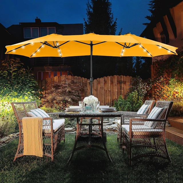 Alt view image 6 of 7 - 15ft Patio Umbrella with Solar lights & Base, Large Umbrellas, Gold Yellow