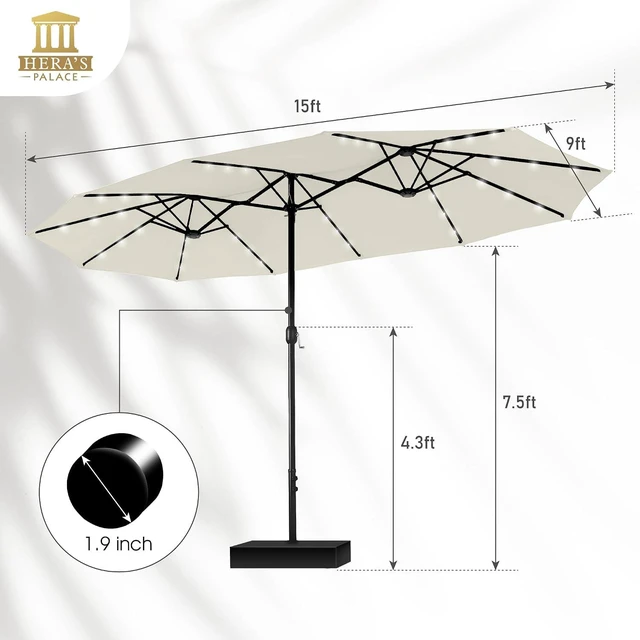 Alt view image 6 of 7 - 15ft Patio Umbrella with Solar lights & Base, Large Umbrellas, Ivory