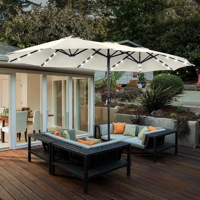 Alt view image 7 of 7 - 15ft Patio Umbrella with Solar lights & Base, Large Umbrellas, Ivory