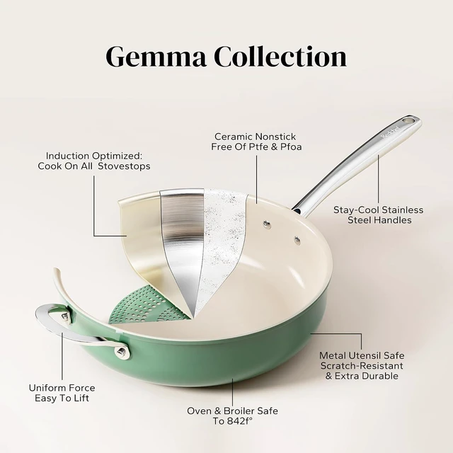 Alt view image 4 of 7 - Redchef Ceramic Saute Pan with Lid, Nonstick Deep Frying Pan, 5QT Jumbo Cooker with Helper Handle & Lid, Non Toxic Ceramic Cooking Pan, Chef Pan, Dishwasher & Oven Safe, PFAS PFOA & PTFE FreeGreen