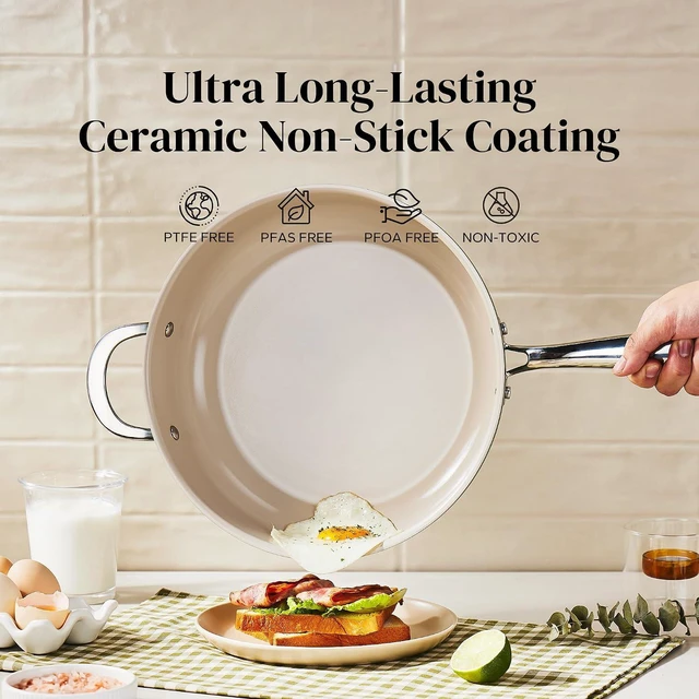 Alt view image 6 of 7 - Redchef Ceramic Saute Pan with Lid, Nonstick Deep Frying Pan, 5QT Jumbo Cooker with Helper Handle & Lid, Non Toxic Ceramic Cooking Pan, Chef Pan, Dishwasher & Oven Safe, PFAS PFOA & PTFE FreeGreen