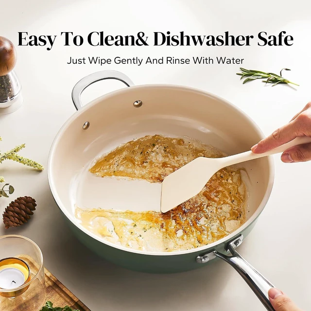 Alt view image 7 of 7 - Redchef Ceramic Saute Pan with Lid, Nonstick Deep Frying Pan, 5QT Jumbo Cooker with Helper Handle & Lid, Non Toxic Ceramic Cooking Pan, Chef Pan, Dishwasher & Oven Safe, PFAS PFOA & PTFE FreeGreen