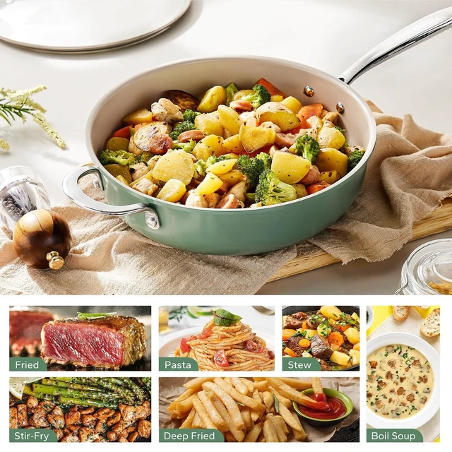 Alt view image 5 of 7 - Redchef Ceramic Saute Pan with Lid, Nonstick Deep Frying Pan, 5QT Jumbo Cooker with Helper Handle & Lid, Non Toxic Ceramic Cooking Pan, Chef Pan, Dishwasher & Oven Safe, PFAS PFOA & PTFE FreeGreen