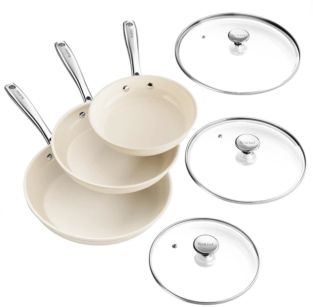 Main image of Redchef Nonstick Cookware Sets, Frying Pan Set with Tempered Glass Lids, Ceramic Cookware Set, Stay-Cool Handles, Dishwasher & Oven Safe, Compatible with All Cooktops, Beige (8+9.5+11 Inch)