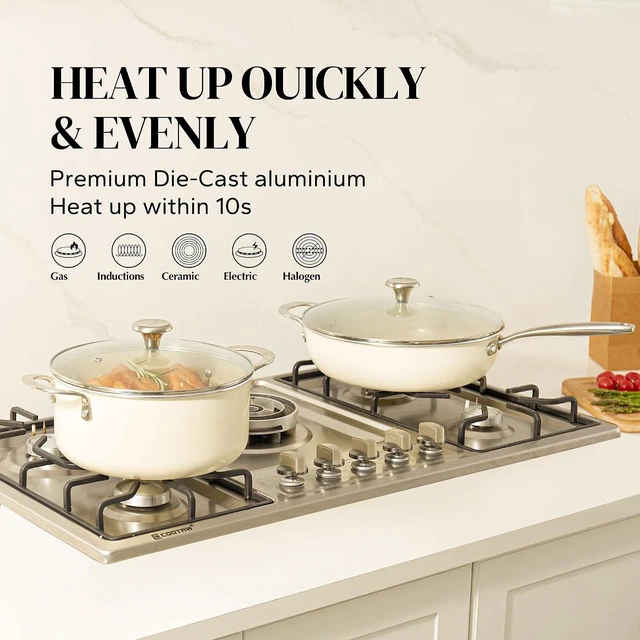 Alt view image 5 of 7 - Redchef Ceramic Nonstick Cookware Set,14pcs Pots and Pans Set Non Stick,Induction Cookware with Stainless Steel Handle,Non Toxic Kitchen Cooking Set,Dishwasher & Oven Safe,PFAS PFOA & PTFE Free