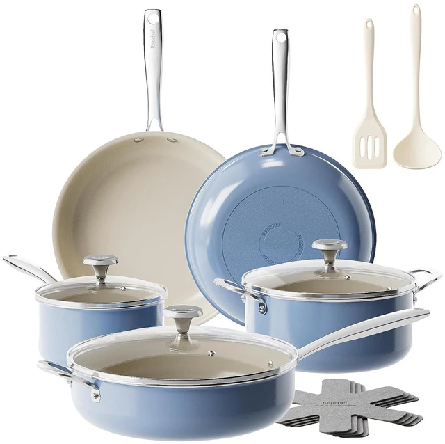 Main image of Redchef Ceramic Nonstick Cookware Set,14pcs Pots and Pans Set Non Stick,Induction Cookware with Stainless Steel Handle,Non Toxic Kitchen Cooking Set,Dishwasher & Oven Safe,PFAS PFOA & PTFE FreeBlue