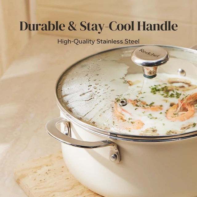 Alt view image 3 of 7 - Redchef Ceramic Stock Pot with Lid, Soup Pot for All Stoves, 5 Qt Induction Cooking Pot for Soup Nonstick, Even Heating, Stay-Cool Handles, Oven/Dishwasher Safe, PTFE PFAS Free (Beige)