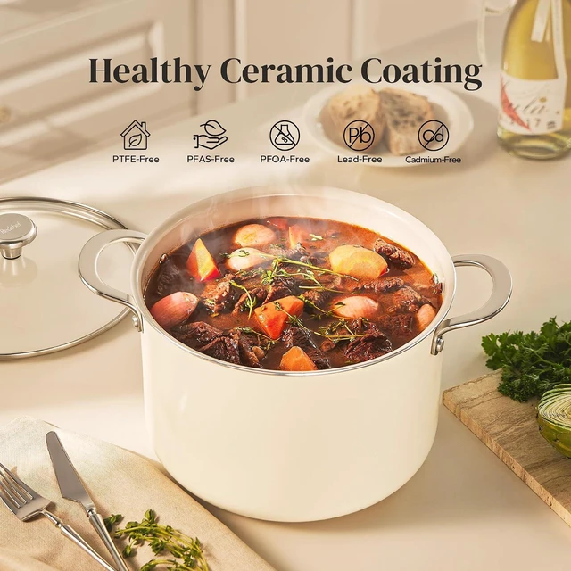 Alt view image 2 of 7 - Redchef Ceramic Stock Pot with Lid, 8 Qt Soup Pot Nonstick for Family Cooking, Pasta Pot Large Induction Cooking Pot, Stay-Cool Handles, Even Heating, Oven/Dishwasher Safe, PFOA Free, Beige