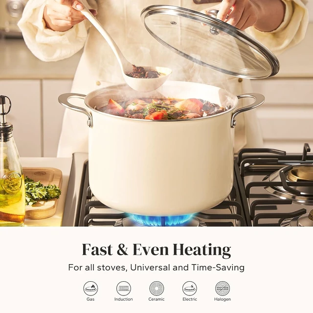 Alt view image 3 of 7 - Redchef Ceramic Stock Pot with Lid, 8 Qt Soup Pot Nonstick for Family Cooking, Pasta Pot Large Induction Cooking Pot, Stay-Cool Handles, Even Heating, Oven/Dishwasher Safe, PFOA Free, Beige