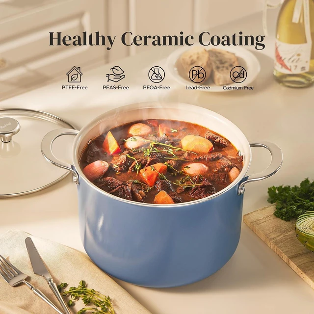 Alt view image 2 of 7 - Redchef Nonstick Stock Pot with Lid 8 QT, Ceramic Large Pasta Pot for All Stovetops, Stockpot Cooking Soup Pot for Kitchen, PFOA Free, Sturdy Handles, Even Heating, Oven/Dishwasher Safe, Blue