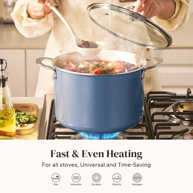 Alt view image 3 of 7 - Redchef Nonstick Stock Pot with Lid 8 QT, Ceramic Large Pasta Pot for All Stovetops, Stockpot Cooking Soup Pot for Kitchen, PFOA Free, Sturdy Handles, Even Heating, Oven/Dishwasher Safe, Blue
