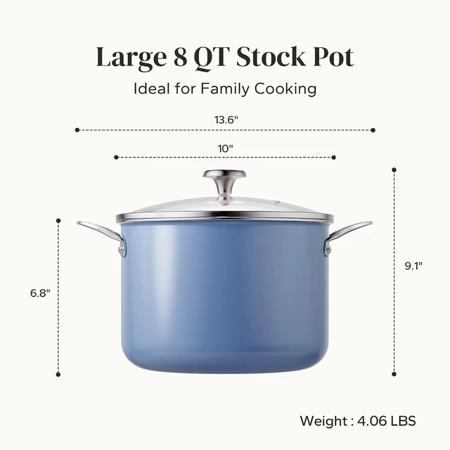 Alt view image 5 of 7 - Redchef Nonstick Stock Pot with Lid 8 QT, Ceramic Large Pasta Pot for All Stovetops, Stockpot Cooking Soup Pot for Kitchen, PFOA Free, Sturdy Handles, Even Heating, Oven/Dishwasher Safe, Blue