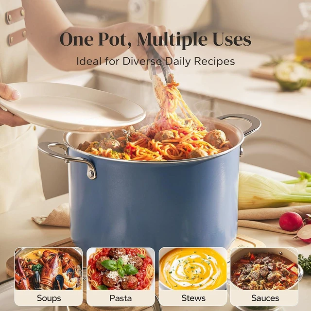 Alt view image 6 of 7 - Redchef Nonstick Stock Pot with Lid 8 QT, Ceramic Large Pasta Pot for All Stovetops, Stockpot Cooking Soup Pot for Kitchen, PFOA Free, Sturdy Handles, Even Heating, Oven/Dishwasher Safe, Blue