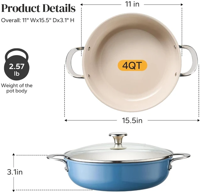 Alt view image 4 of 7 - Redchef Ceramic Saute Pan, Nonstick Deep Frying Pan With Lid 4 QT,Ceramic Cooking Pan for All Stoves, Even Heating, Stay Cool Handle, Oven/Dishwasher Safe, PFAS Free (Blue)