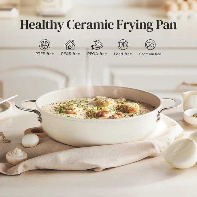 Alt view image 2 of 7 - Redchef Ceramic Saute Pan with Lid, 4 QT Nonstick Frying Pan, Deep Frying Pan Skillet Cooking Pan for All Stoves, Even Heating, Stay Cool Handle, Oven/Dishwasher Safe, PFAS Free (Beige)