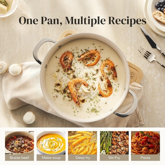 Alt view image 6 of 7 - Redchef Ceramic Saute Pan with Lid, 4 QT Nonstick Frying Pan, Deep Frying Pan Skillet Cooking Pan for All Stoves, Even Heating, Stay Cool Handle, Oven/Dishwasher Safe, PFAS Free (Beige)