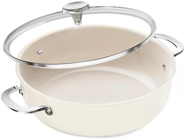Main image of Redchef Ceramic Saute Pan with Lid, 4 QT Nonstick Frying Pan, Deep Frying Pan Skillet Cooking Pan for All Stoves, Even Heating, Stay Cool Handle, Oven/Dishwasher Safe, PFAS Free (Beige)