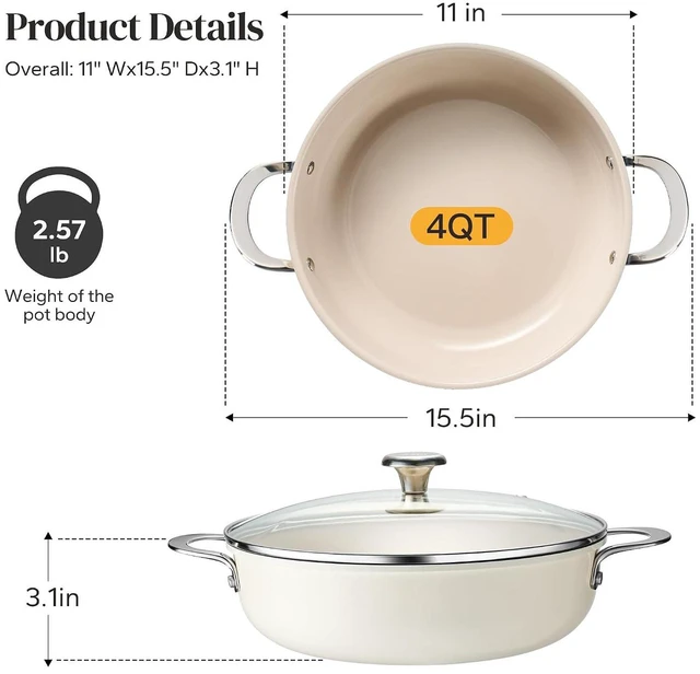 Alt view image 4 of 7 - Redchef Ceramic Saute Pan with Lid, 4 QT Nonstick Frying Pan, Deep Frying Pan Skillet Cooking Pan for All Stoves, Even Heating, Stay Cool Handle, Oven/Dishwasher Safe, PFAS Free (Beige)