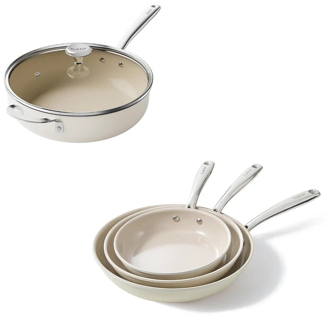 Main image of Redchef Ceramic Pots and Pans Set, Deep Saute Pan with Lid, Skillet,8" 9.5" 11" Frying Pan 5QT Jumbo Cooker with Stay Cool Handle, Beige White