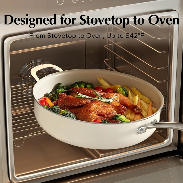 Alt view image 2 of 7 - Redchef Ceramic Pots and Pans Set, Deep Saute Pan with Lid, Skillet,8" 9.5" 11" Frying Pan 5QT Jumbo Cooker with Stay Cool Handle, Beige White