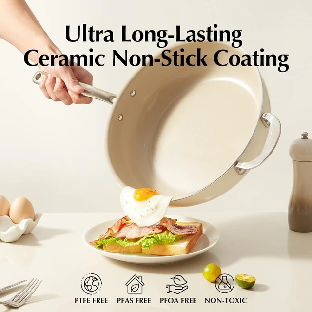 Alt view image 4 of 7 - Redchef Ceramic Pots and Pans Set, Deep Saute Pan with Lid, Skillet,8" 9.5" 11" Frying Pan 5QT Jumbo Cooker with Stay Cool Handle, Beige White