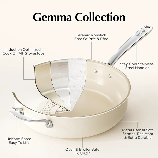 Alt view image 3 of 7 - Redchef Ceramic Pots and Pans Set, Deep Saute Pan with Lid, Skillet,8" 9.5" 11" Frying Pan 5QT Jumbo Cooker with Stay Cool Handle, Beige White