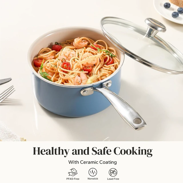 Alt view image 6 of 7 - Redchef Ceramic Sauce Pan with Lid 3.5QT+6PCS Frying Pan, Nonstick Cooking Pot with Stay-Cool Handle, Kitchen Non Toxic Soup Pot, PTFE & PFOA Free, Oven Dishwasher Safe, Compatible All Stovetops