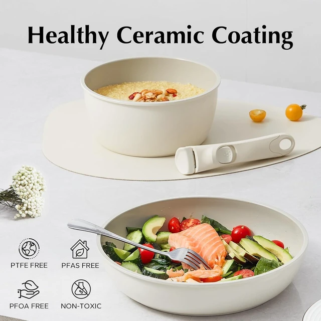 Alt view image 4 of 7 - Redchef Ceramic Pots and Pans Set Non Stick, Nonstick Kitchen Cookware Sets, Non Toxic Pots and Pans Set Non Stick, PFAS PFOA & PTFE Free, Detachable Handle Pots and Pans 6 Piece, RV Cookware (Cream)