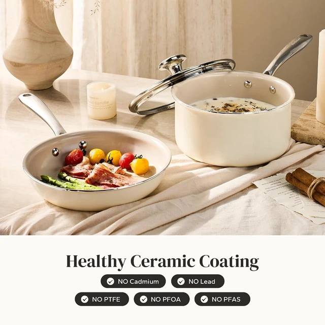 Alt view image 2 of 7 - Redchef Nonstick Mini Cookware Set, 8"Ceramic Fry Pan 2.5Qt Sauce Pan with Lid, Fryingpan & Pots Set, Induction Compatible, Nontoxic, Oven Dishwasher Safe, PTFE & PFOA Free, Beige