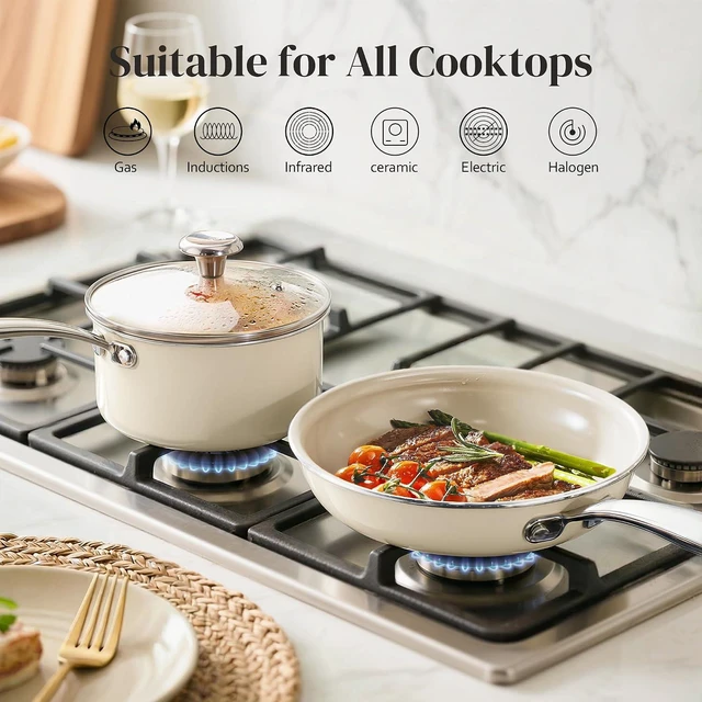 Alt view image 7 of 7 - Redchef Nonstick Mini Cookware Set, 8"Ceramic Fry Pan 2.5Qt Sauce Pan with Lid, Fryingpan & Pots Set, Induction Compatible, Nontoxic, Oven Dishwasher Safe, PTFE & PFOA Free, Beige