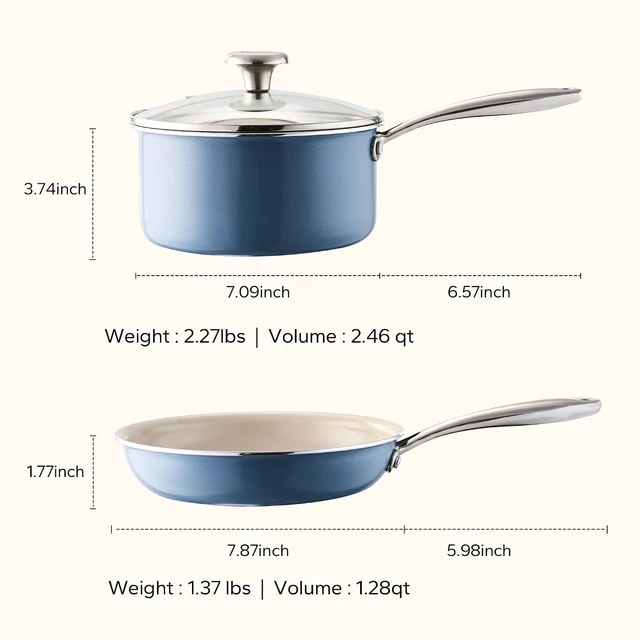 Alt view image 3 of 7 - Redchef Saucepan & Frying Pan Set, 8" Ceramic Frying pan & 2.5Qt Saucepan with Lid, Cookware Set, Induction Compatible, Nontoxic PTFE PFOA Free, Oven & Dishwasher Safe, Blue