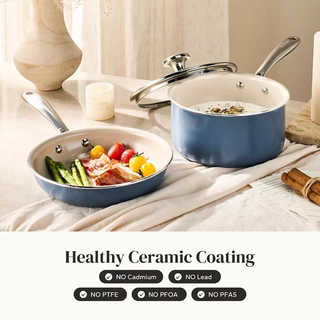 Alt view image 4 of 7 - Redchef Saucepan & Frying Pan Set, 8" Ceramic Frying pan & 2.5Qt Saucepan with Lid, Cookware Set, Induction Compatible, Nontoxic PTFE PFOA Free, Oven & Dishwasher Safe, Blue