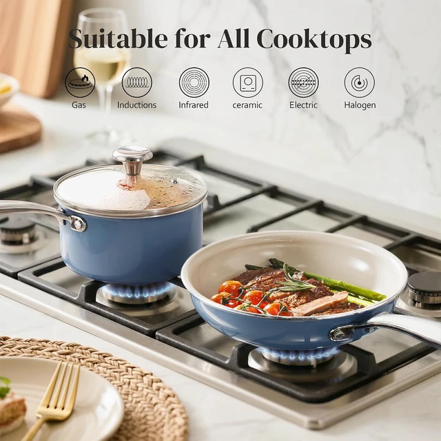 Alt view image 7 of 7 - Redchef Saucepan & Frying Pan Set, 8" Ceramic Frying pan & 2.5Qt Saucepan with Lid, Cookware Set, Induction Compatible, Nontoxic PTFE PFOA Free, Oven & Dishwasher Safe, Blue