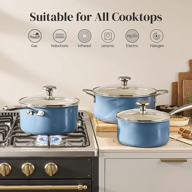 Alt view image 3 of 7 - Redchef Ceramic Stock Pots Set 5QT, Sauce Pan with Lids(2.5QT/3.5QT), Induction Cooking Pot Set,Ceramic Pots with Stay Cool Handle, Nonstick Cookware Set, PTFE/PFASFree, Dishwasher/Oven Safe (Blue)
