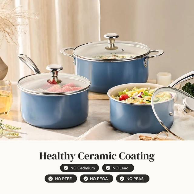 Alt view image 4 of 7 - Redchef Ceramic Stock Pots Set 5QT, Sauce Pan with Lids(2.5QT/3.5QT), Induction Cooking Pot Set,Ceramic Pots with Stay Cool Handle, Nonstick Cookware Set, PTFE/PFASFree, Dishwasher/Oven Safe (Blue)