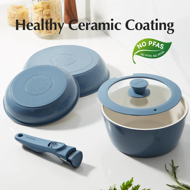 Alt view image 4 of 7 - Redchef 6pcsCeramic Cookware Set, Removable Handle Pots And Pans Non Stick, Rv Cookware Set, Non Toxic Pots And Pans Set No PFAS & PTFE & PFOA, Detachable Pots And Pans, Dishwasher & Oven Safe (Blue)