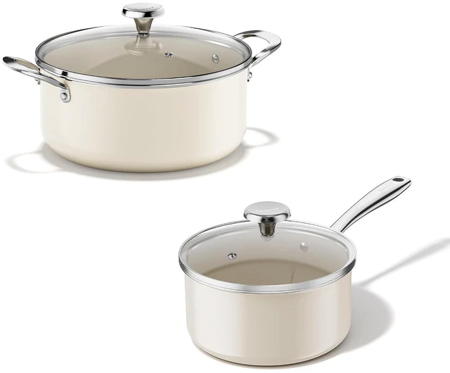 Main image of Redchef 5 QT Ceramic Stock Pot with Lid, 2.5QT Small Saucepan, Stay-Cool Handles, Compatible All Stovetops, PFAS PFOA & PTFE Free (Beige)