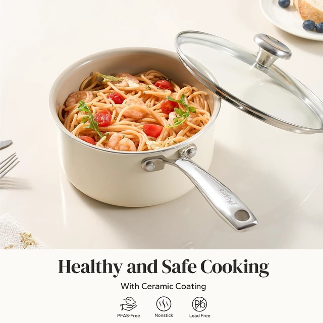Alt view image 6 of 7 - Redchef Ceramic Sauce Pan with Lid, 2.5QT+3.5QT Blue & White Saucepans Set, Nonstick Cooking Pot Set with Stay-Cool Handle, Non Toxic Small Pot, PTFE & PFOA Free, Oven Dishwasher Induction Safe